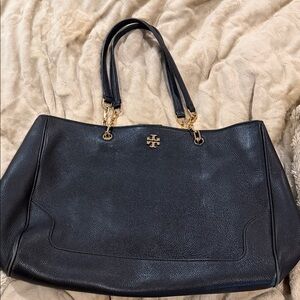 Tory Burch Black Pebbled Leather Tote with Gold Logo